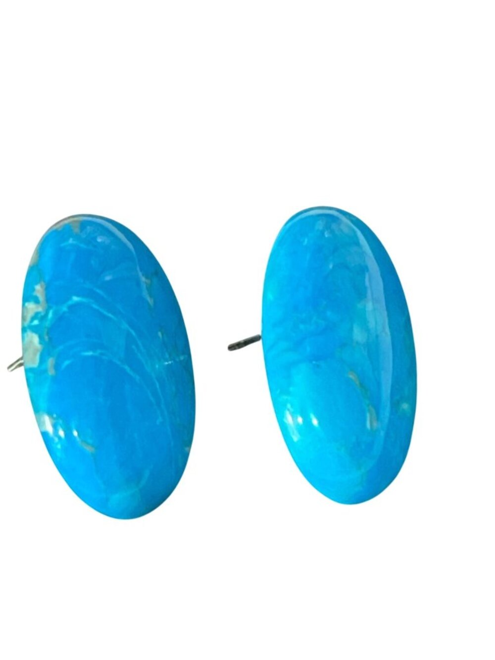 Blue Oval Turquoise Stone Stud Earrings With Gold-Tone Backs Approx. 1 Inch Long